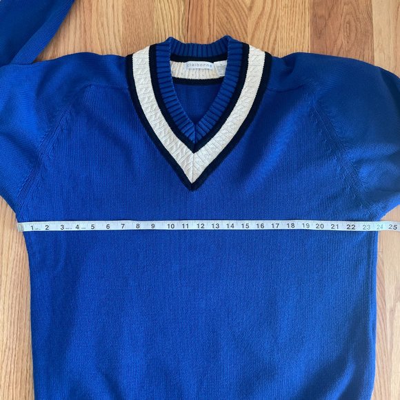 Claiborne 1990s Cricket Style Cotton Sweater Blue Cream Black Trim Size Mens Med - Picture 8 of 9